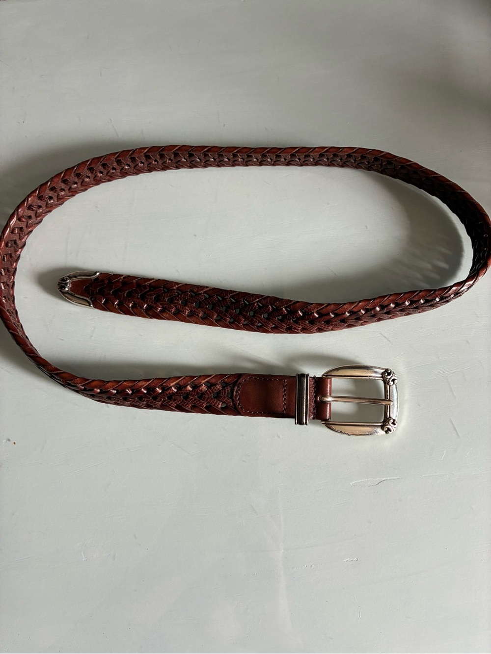 Fossil Brown Woven Leather Open Weave Medium Belt With Silver Buckle